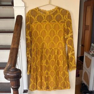 Long Sleeve Lace-Overlay Women's Dress in Mustard Yellow